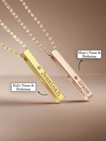 4 Sided Bar Necklace with Kids' Names & Birthstones - Mom Necklace