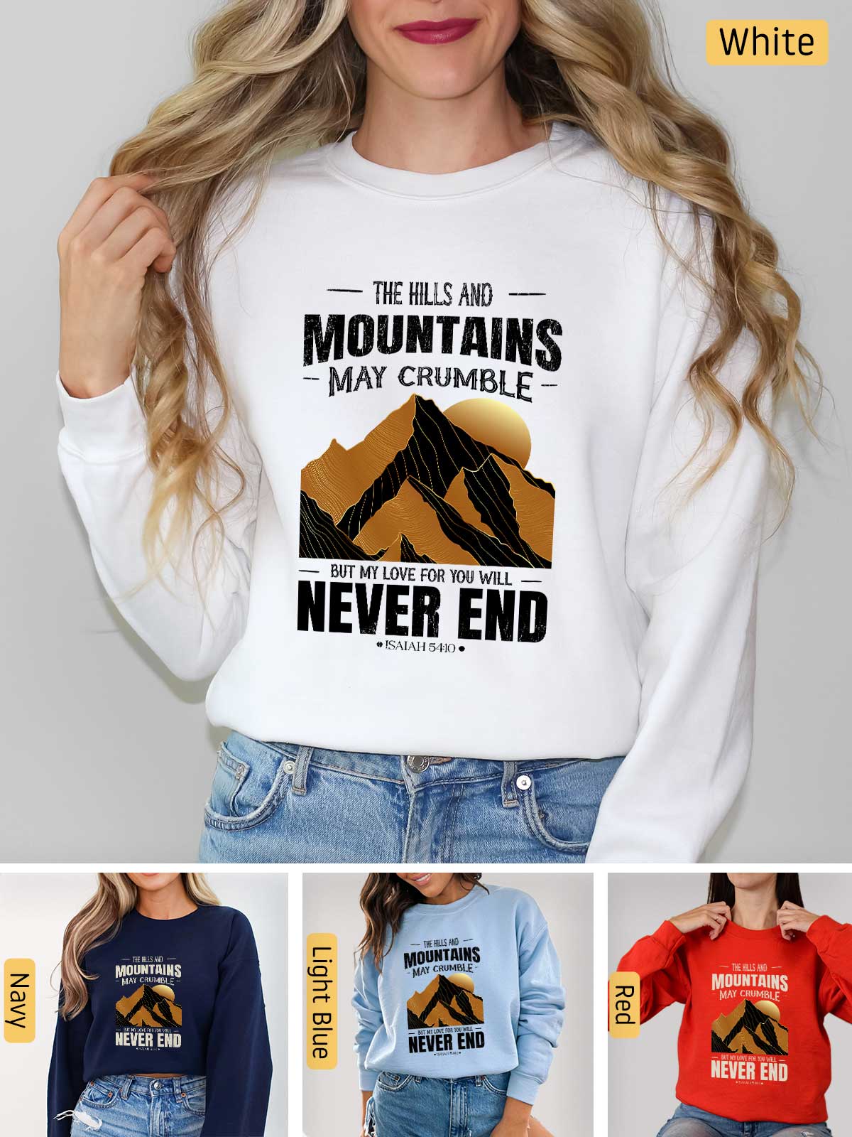 a woman wearing a sweatshirt that says the hills and mountains may climb never end