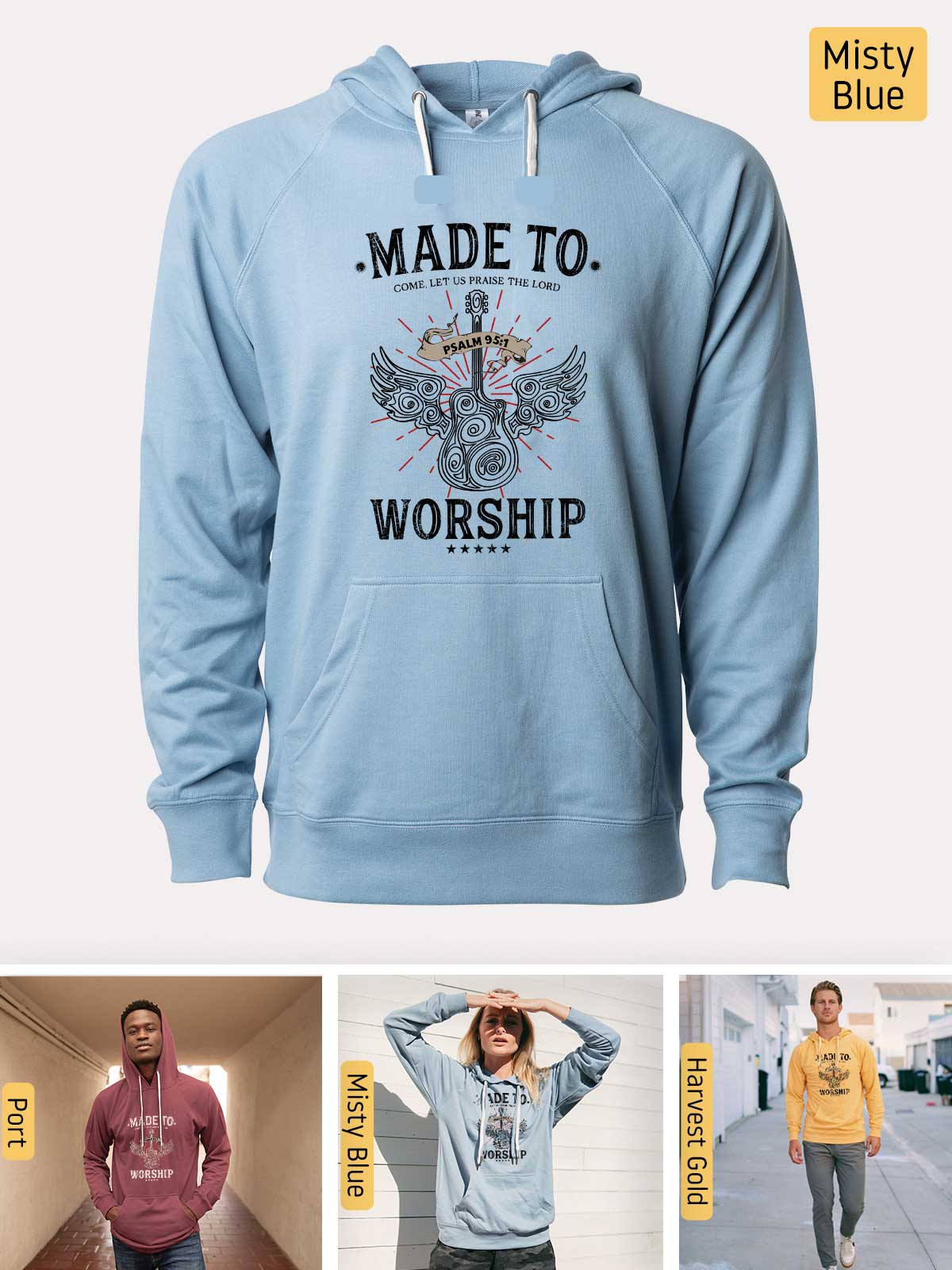 a man wearing a blue hoodie with the words made to worship printed on it