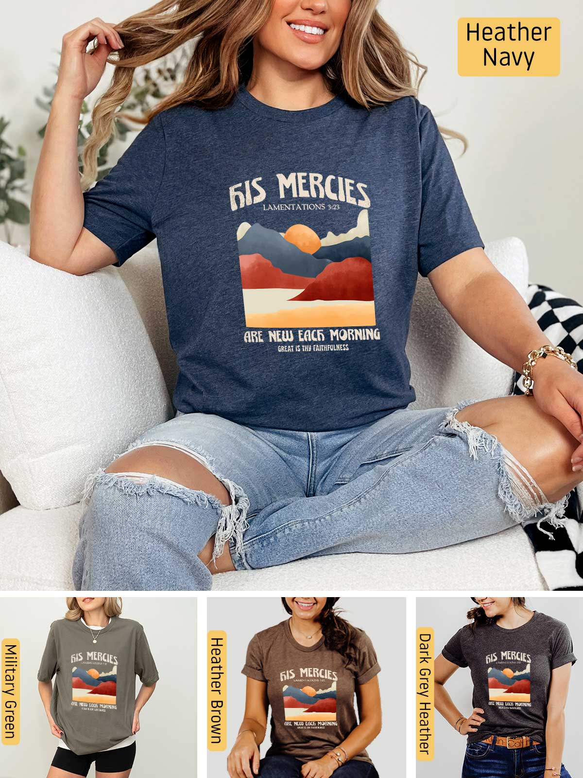 a woman sitting on top of a couch wearing a t - shirt