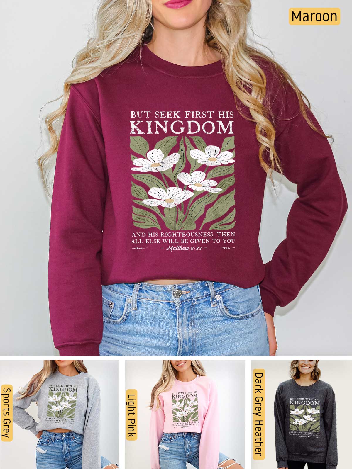 a woman wearing a sweatshirt that says, but see first he kingdom