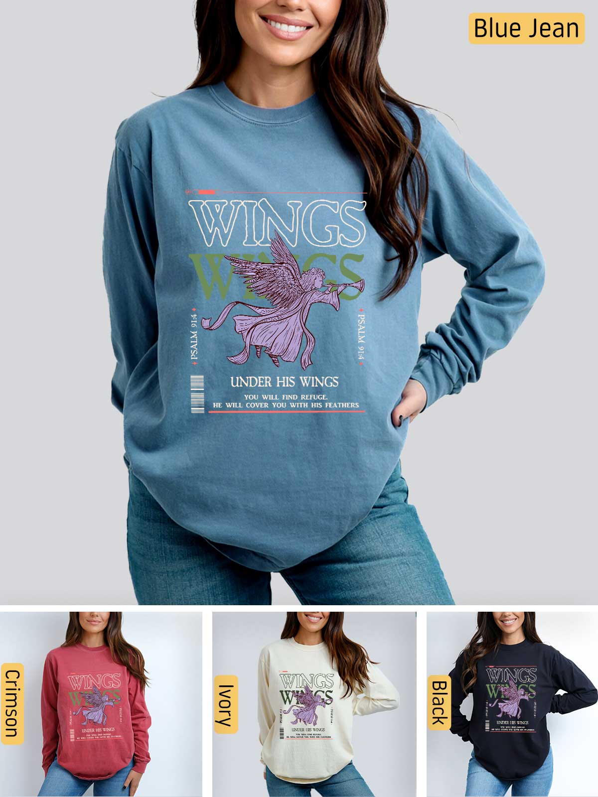 a woman wearing a sweatshirt with the words wings on it