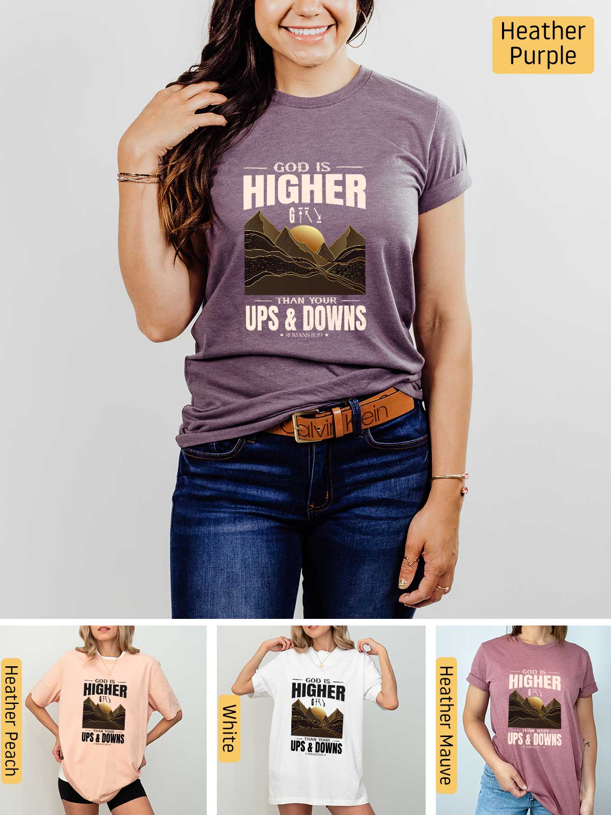 a woman wearing a t - shirt that says higher is higher ups and downs