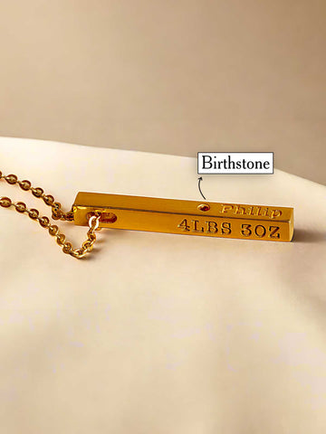 4 Sided Bar Necklace with Baby Stats & Birthstone - New Mom Necklace