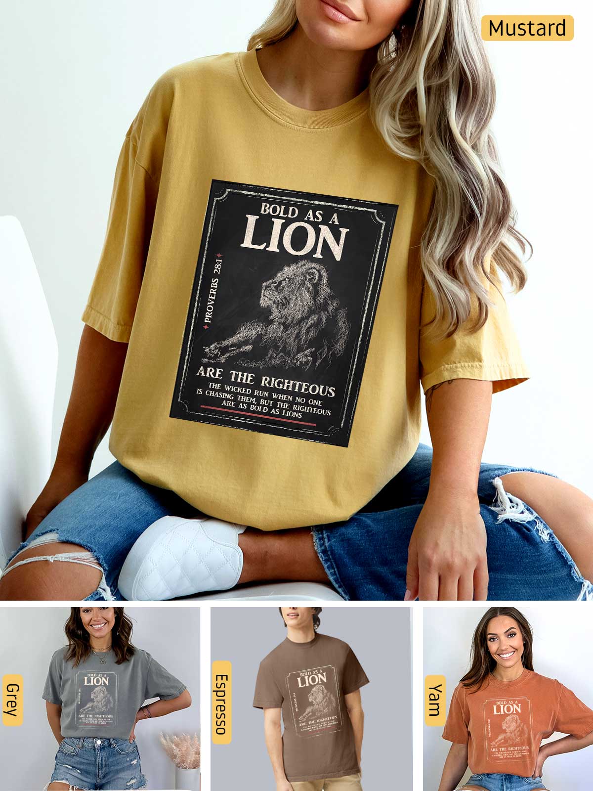 a woman sitting on a chair wearing a lion t - shirt