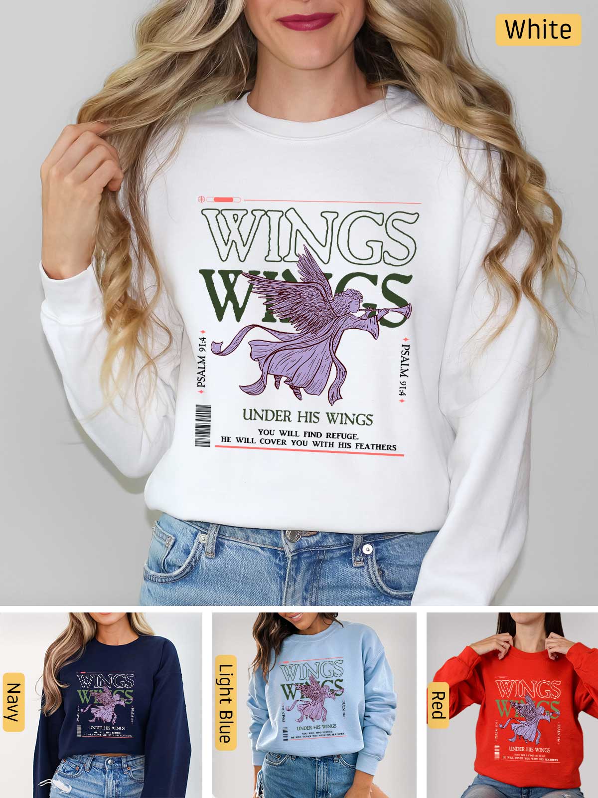 a woman wearing a sweatshirt with wings on it