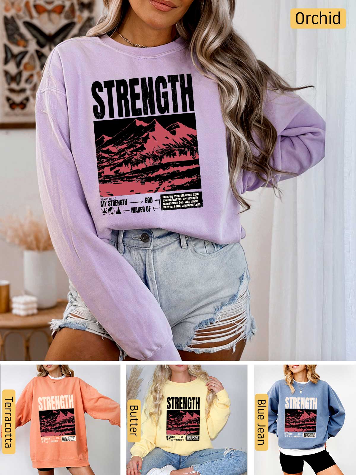 a woman wearing a sweatshirt with the words strength on it