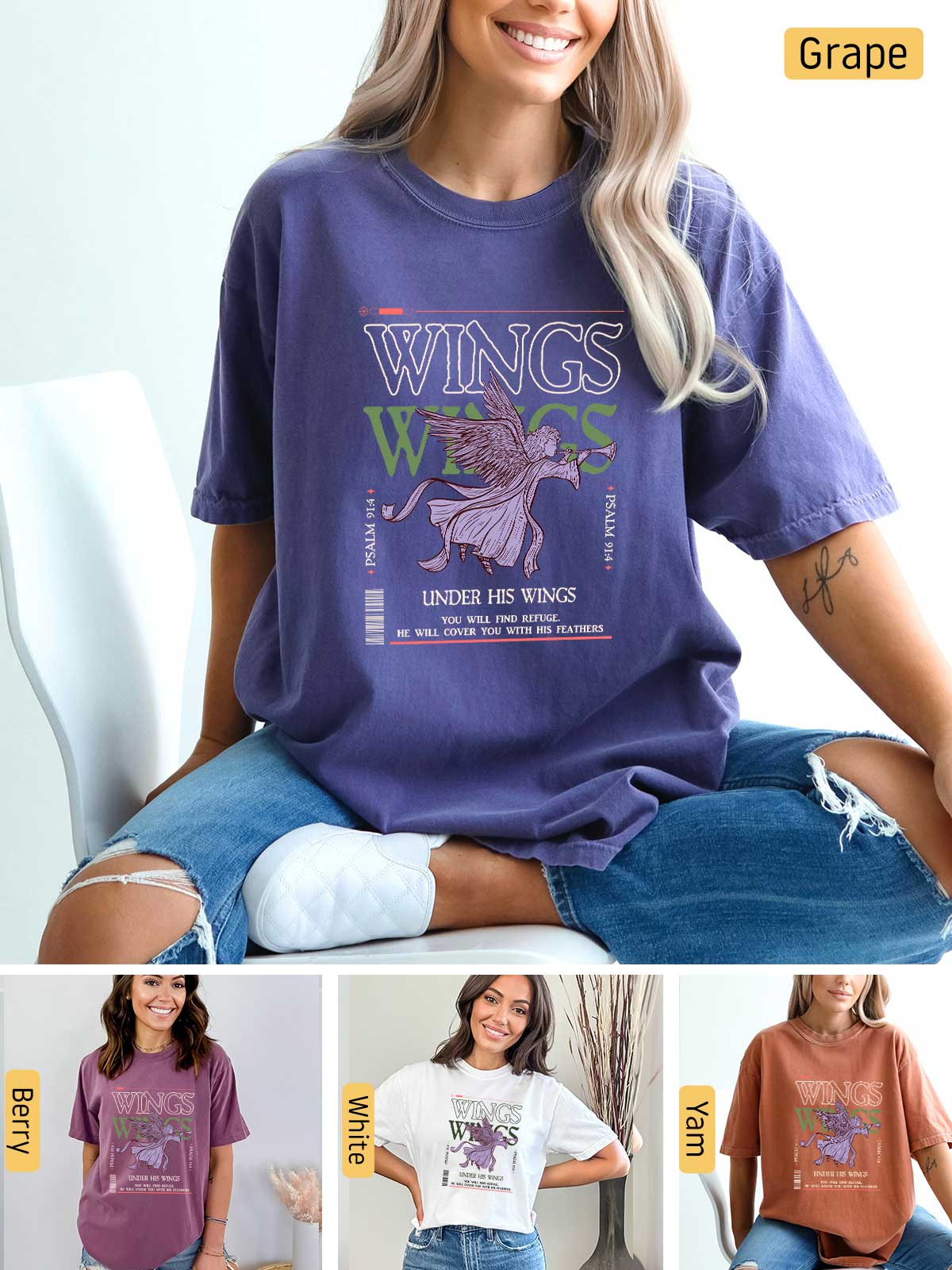 a woman sitting on a chair wearing a purple t - shirt