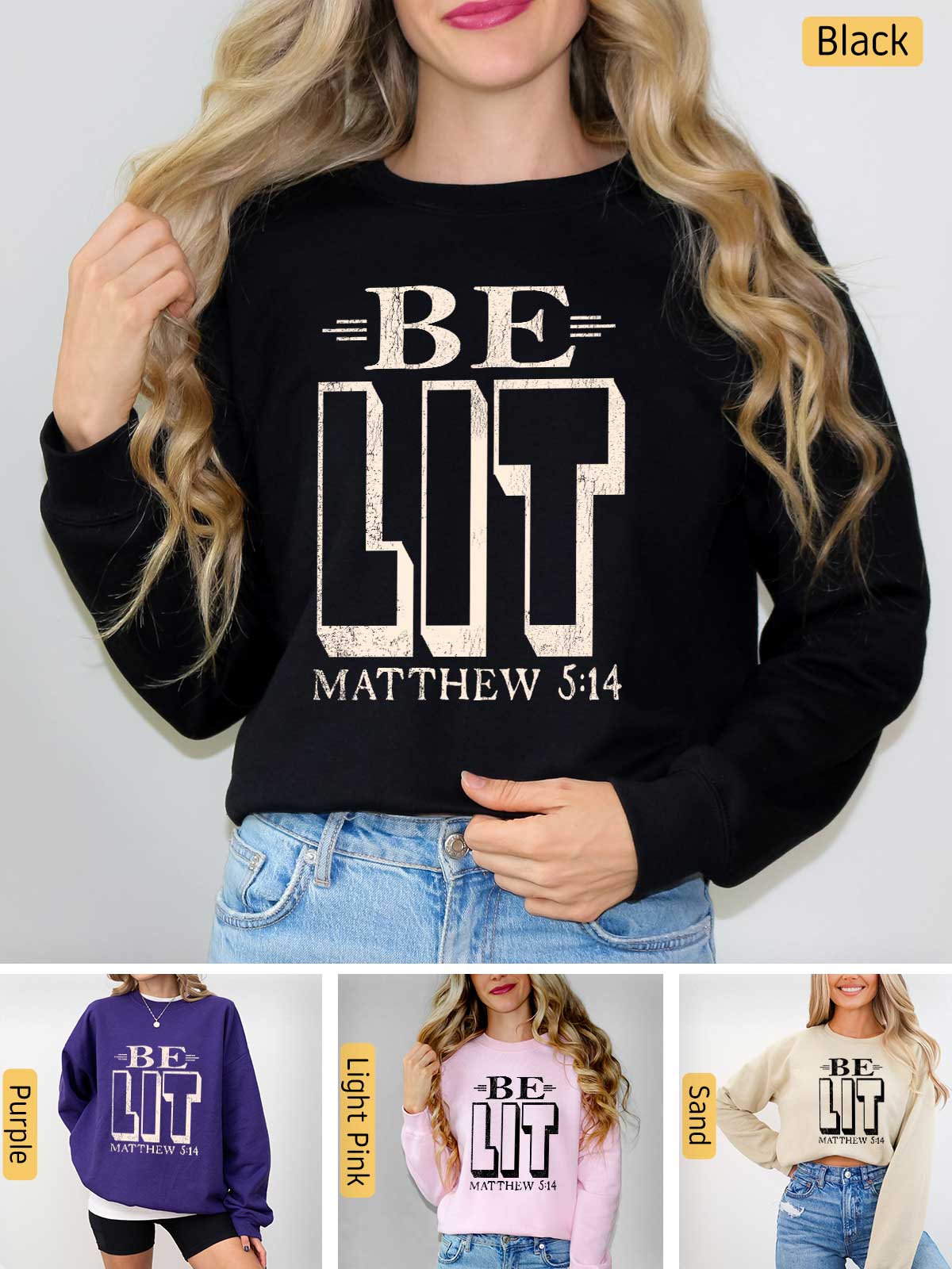 a woman wearing a sweatshirt with the words be lit on it