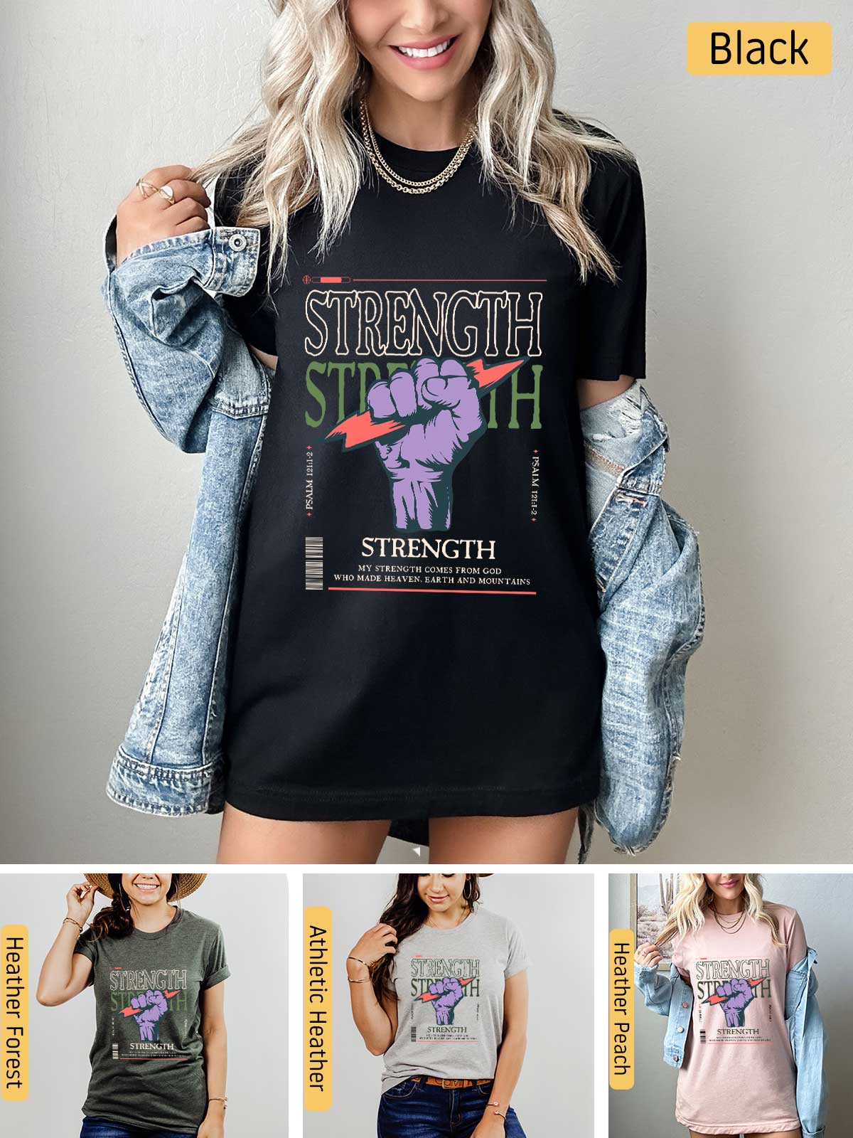 a woman wearing a black t - shirt with the words strength on it