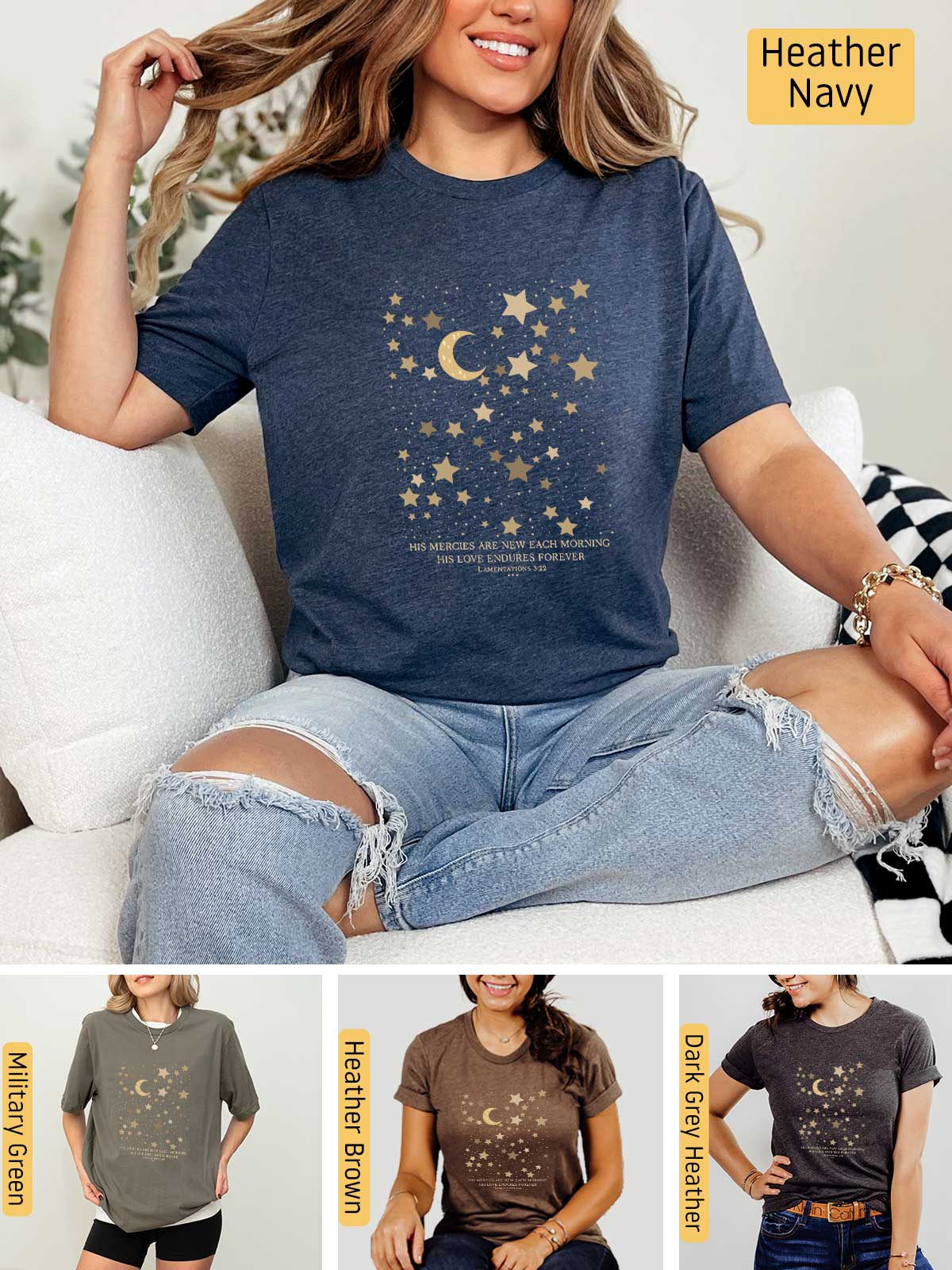 a woman sitting on a couch wearing a t - shirt with stars and a moon