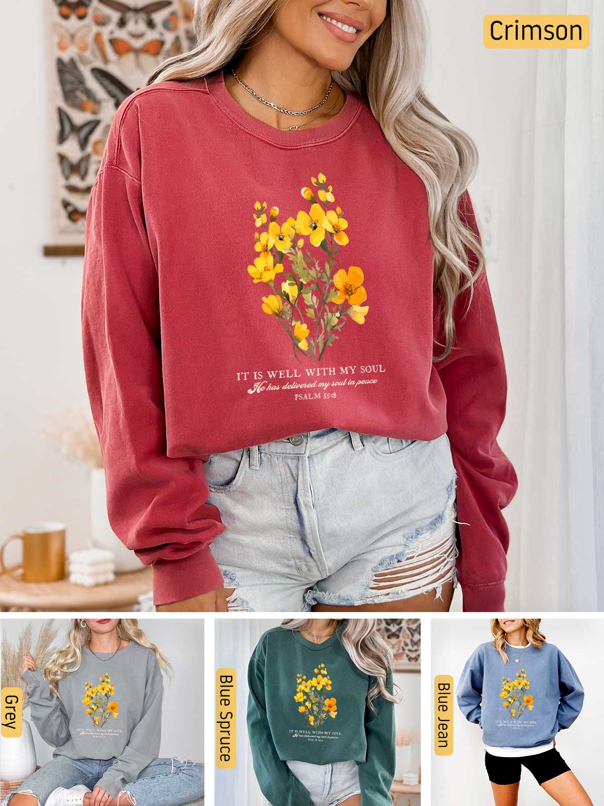 a woman wearing a red sweatshirt with yellow flowers on it