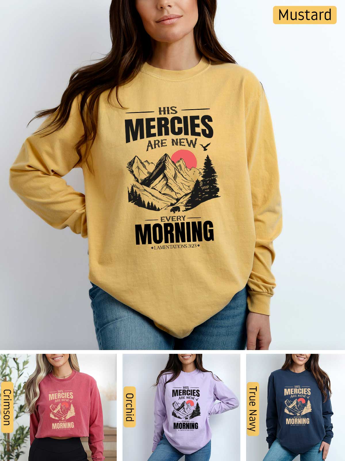 a woman wearing a sweatshirt that says, his mercies are new to the morning