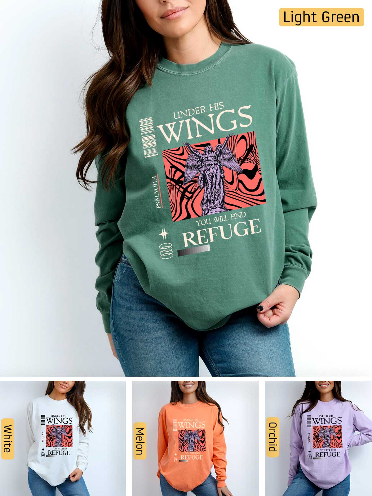 a woman wearing a sweatshirt with wings on it