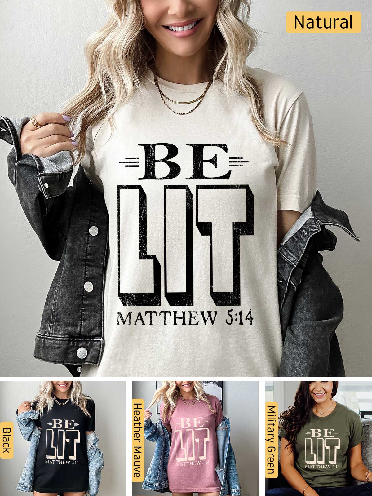 a woman wearing a t - shirt with the words be lit on it