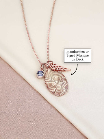 Fingerprint & Handwriting Necklace - With Birthstone & Angel Wing