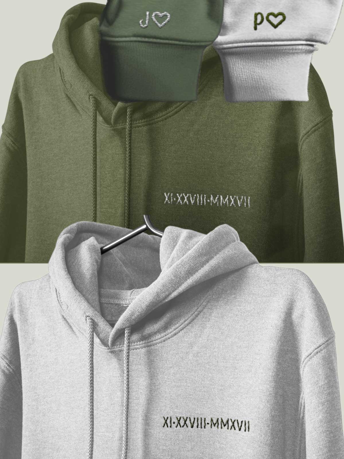 Custom Embroidered Hoodie with Dates in Roman Numerals and Custom Text