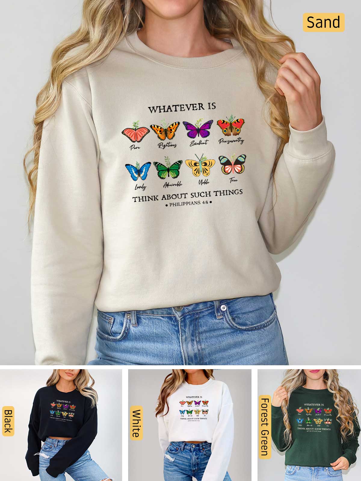 a woman wearing a sweater with butterflies on it