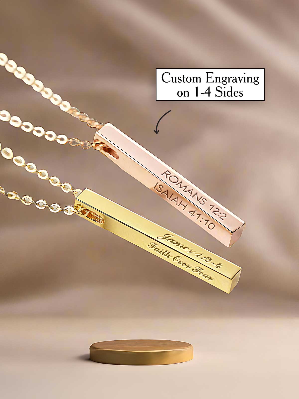 a gold plated necklace with a custom engraving on it