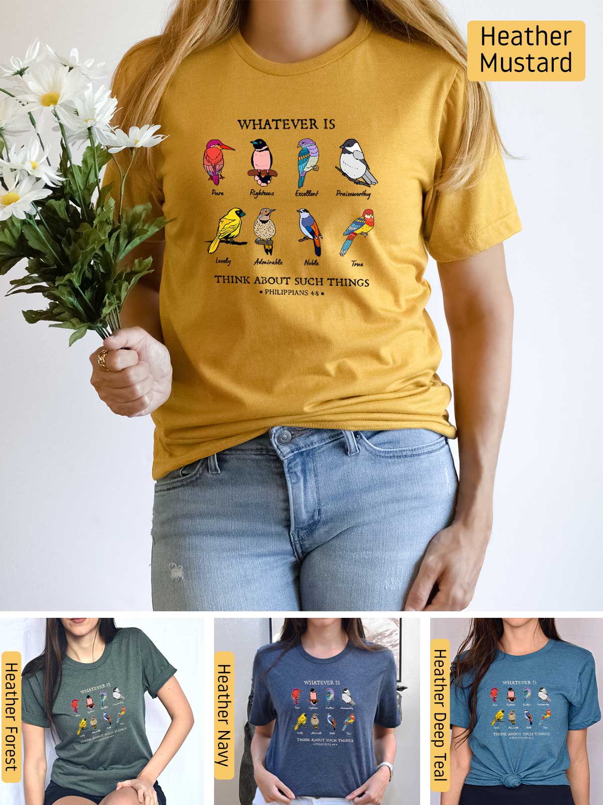 a woman wearing a t - shirt with a bunch of birds on it