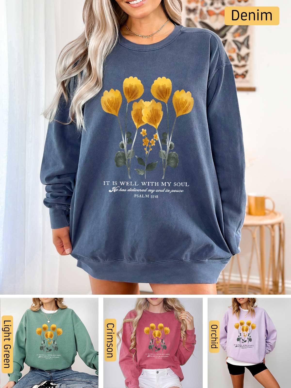a woman wearing a sweatshirt with yellow flowers on it