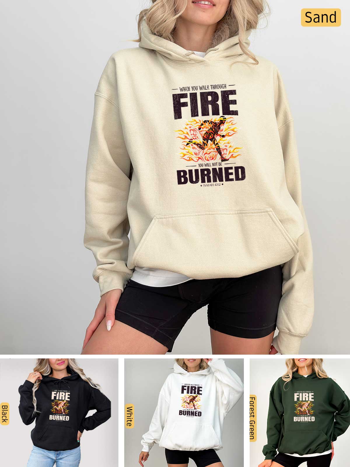 a woman wearing a fire burned hoodie and shorts