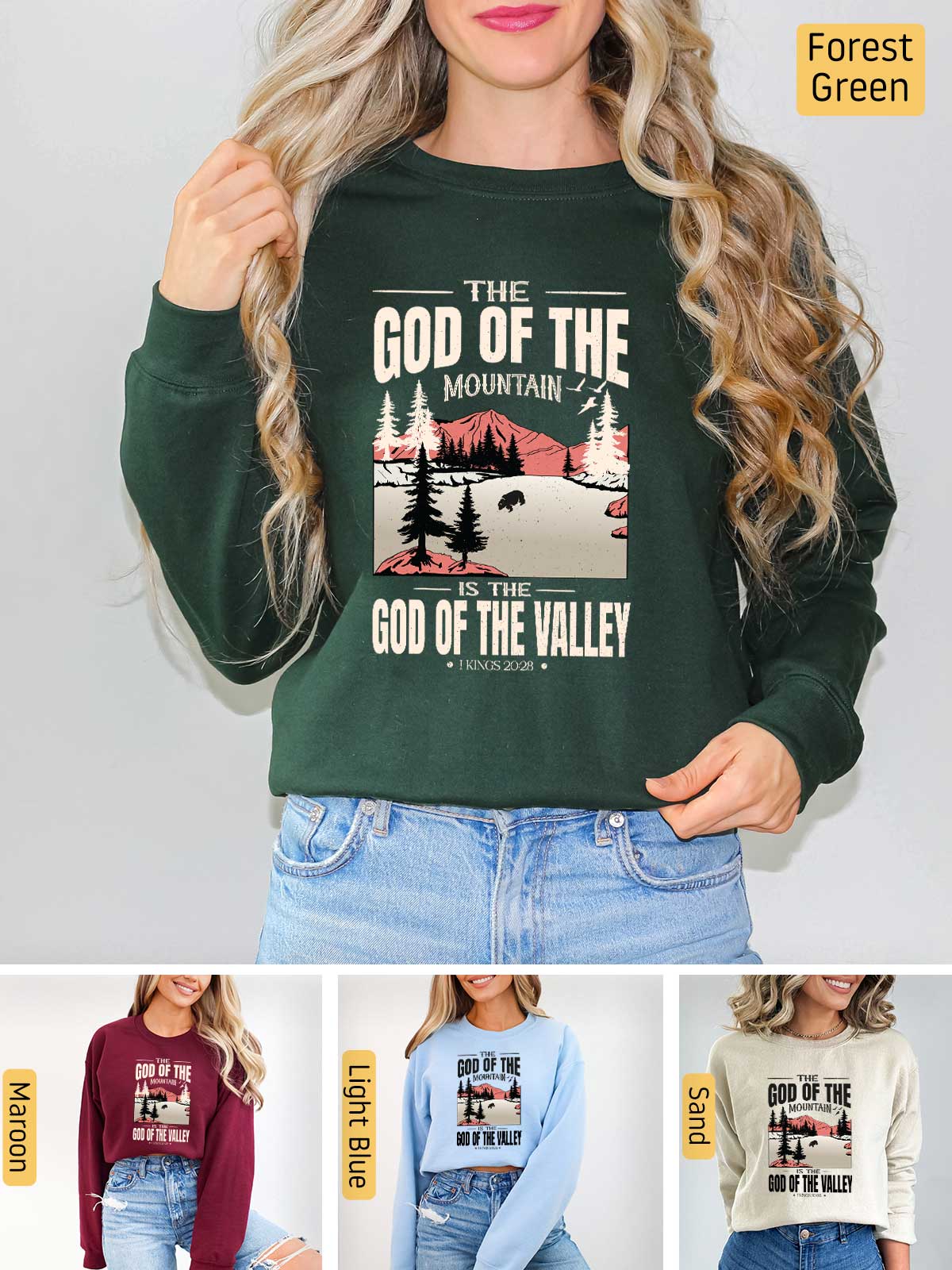 a woman wearing a sweatshirt that says god of the mountain