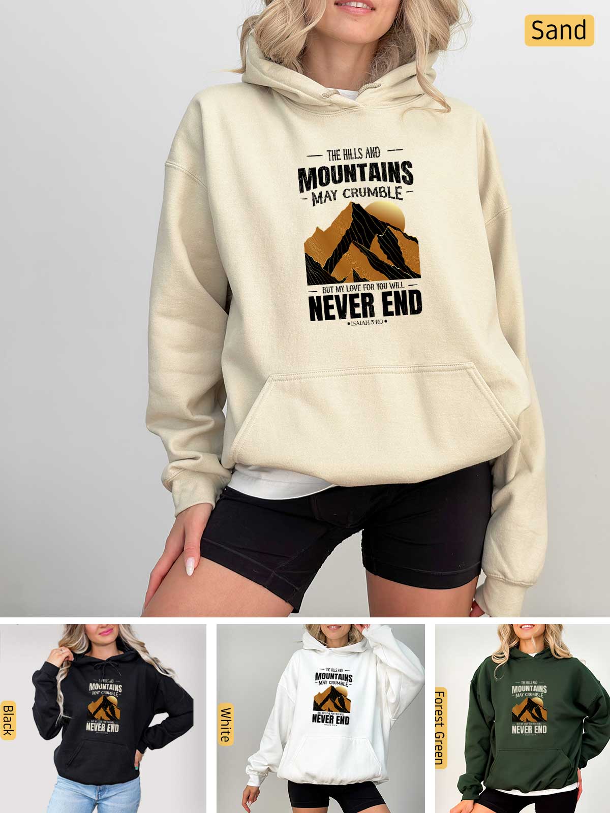 a woman wearing a hoodie that says mountains are never end