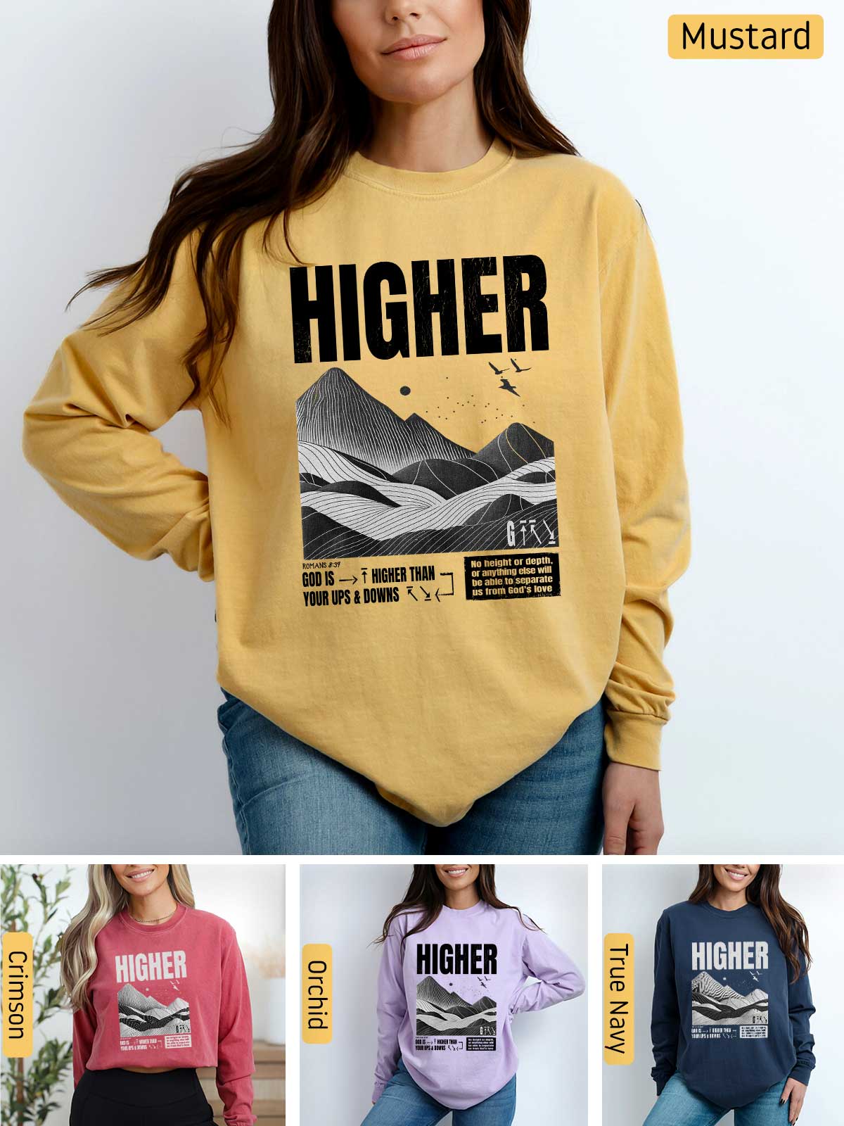 a woman wearing a sweatshirt with the words higher printed on it