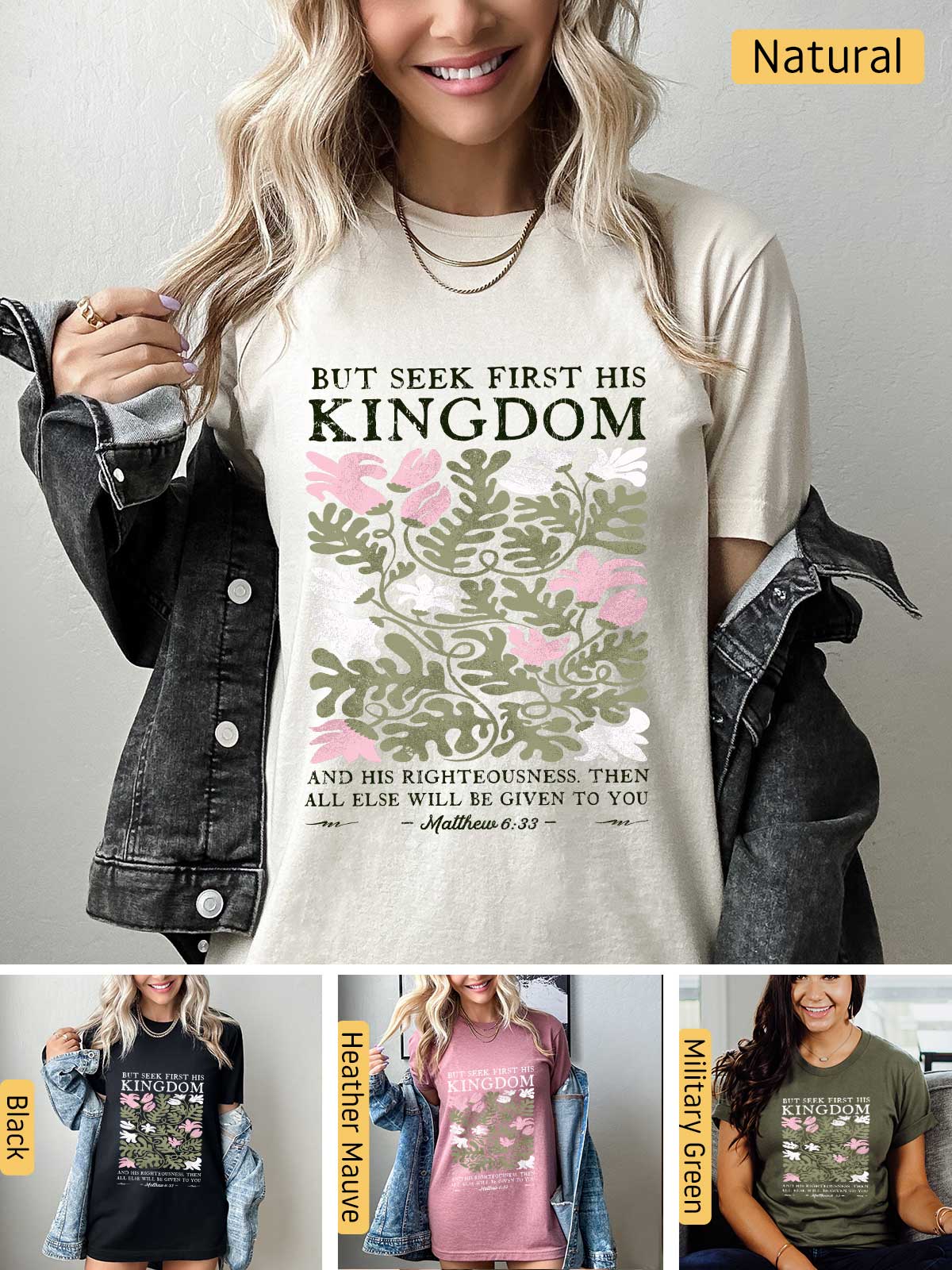 a woman wearing a t - shirt that says, but seek first his kingdom and