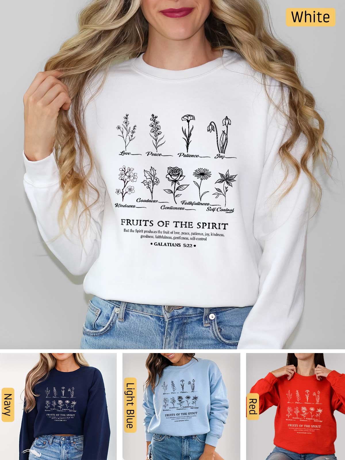 a woman wearing a sweatshirt that says fruits of the spirit