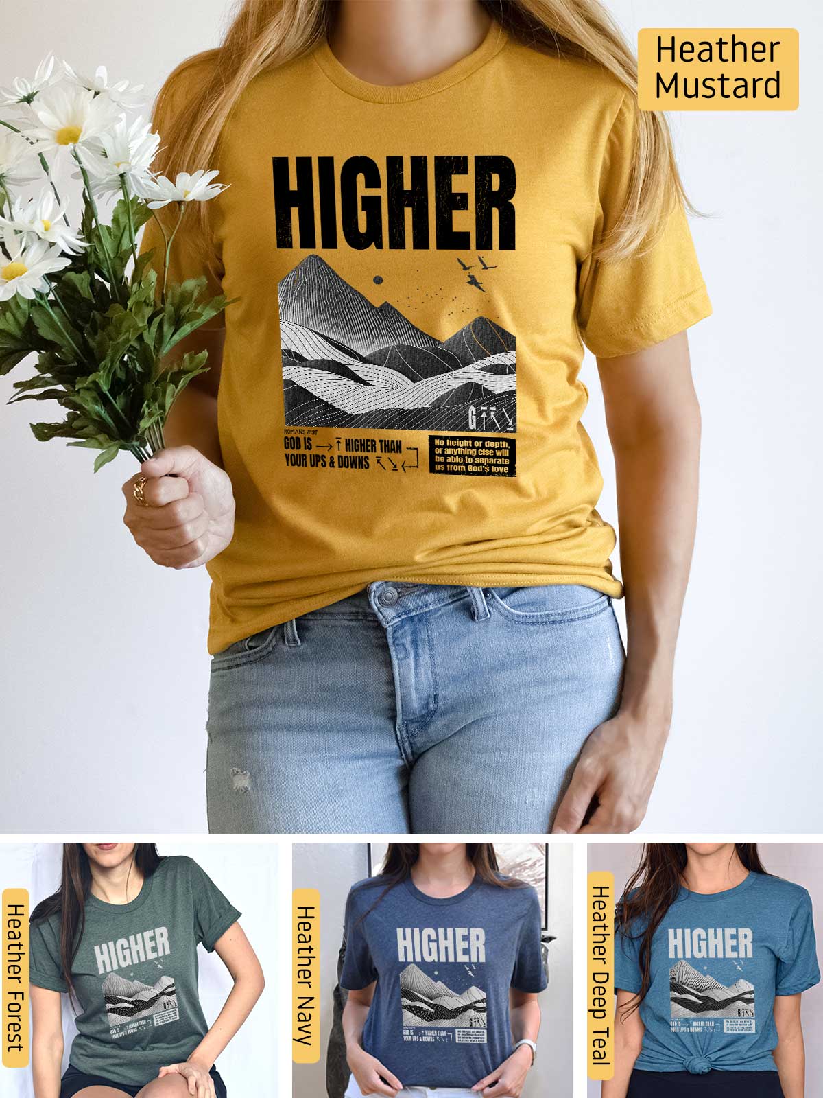 a woman wearing a t - shirt with the words higher printed on it