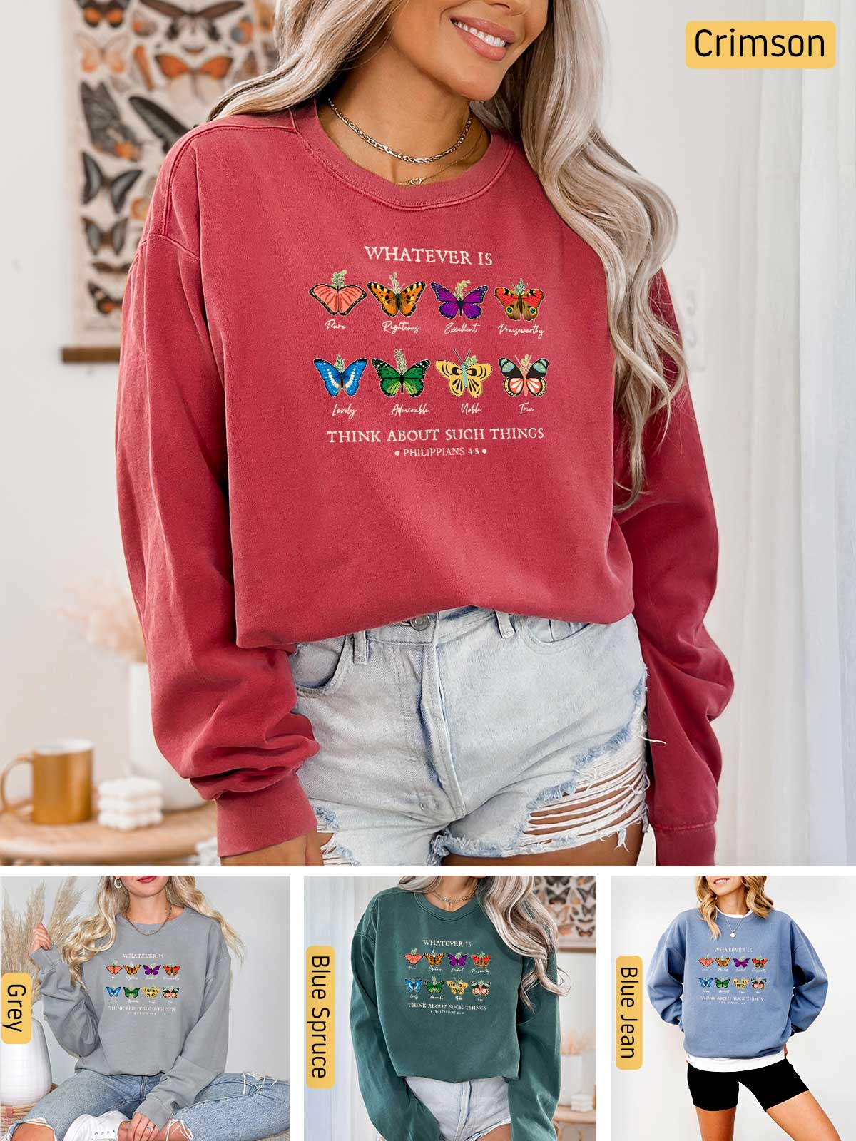 a woman wearing a sweatshirt with butterflies on it