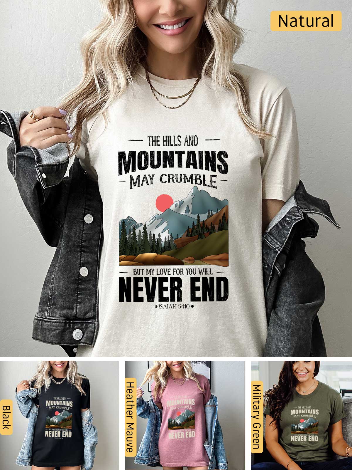 a woman wearing a t - shirt that says the hills and mountains may crumble