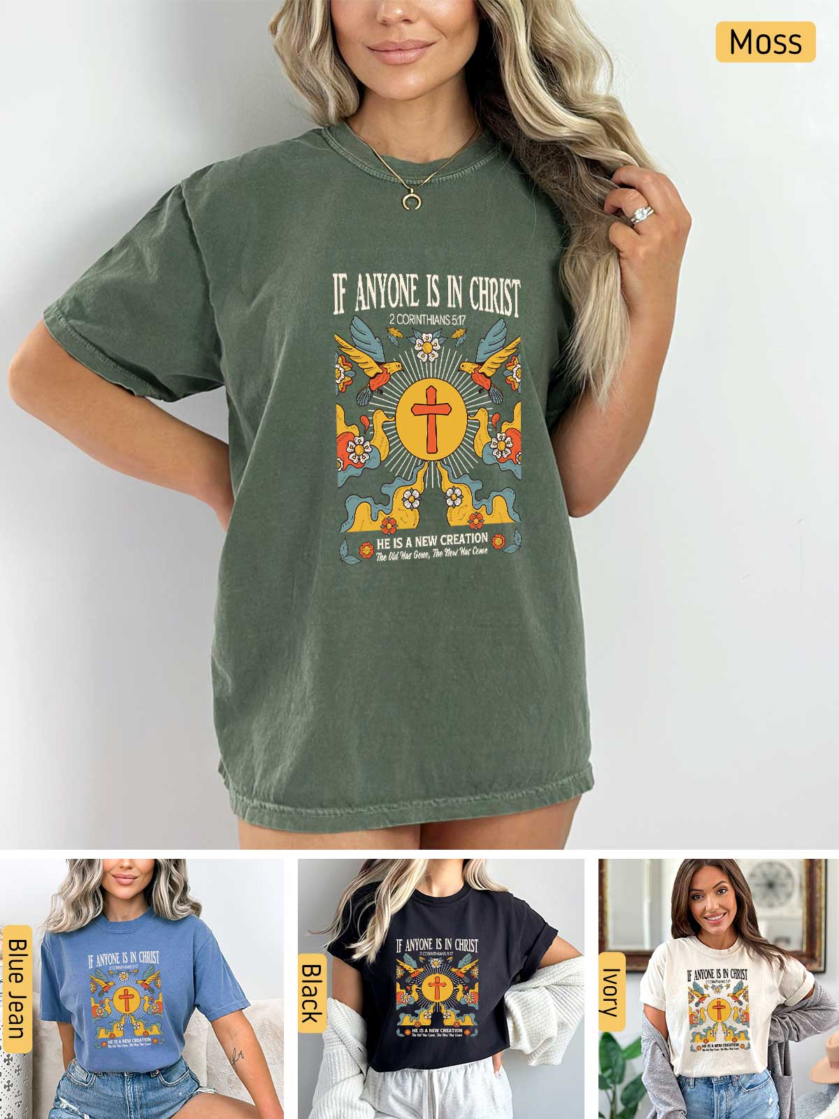 a woman wearing a t - shirt that says if anyone is in christ