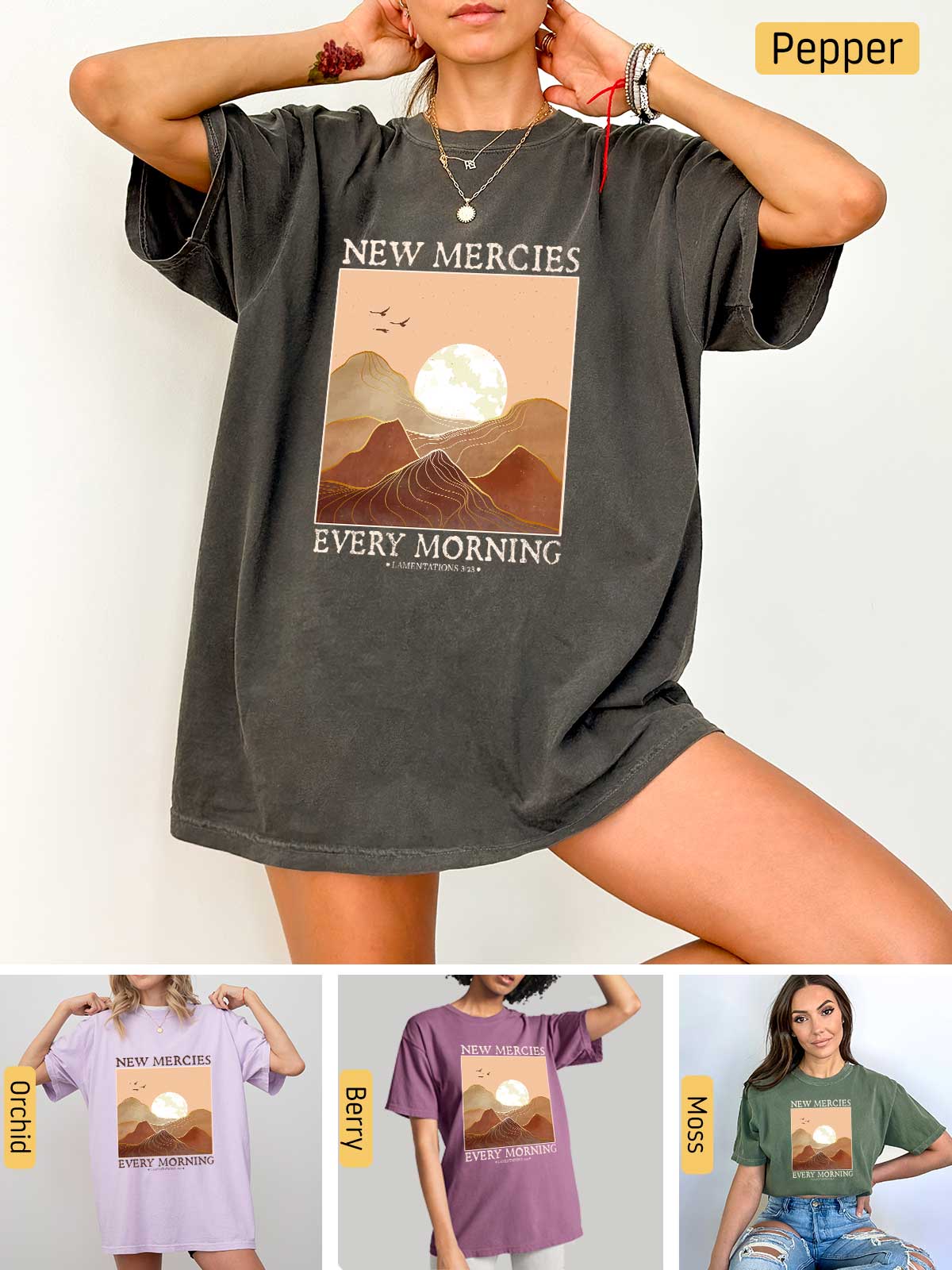 a woman wearing a new mercies every morning t - shirt