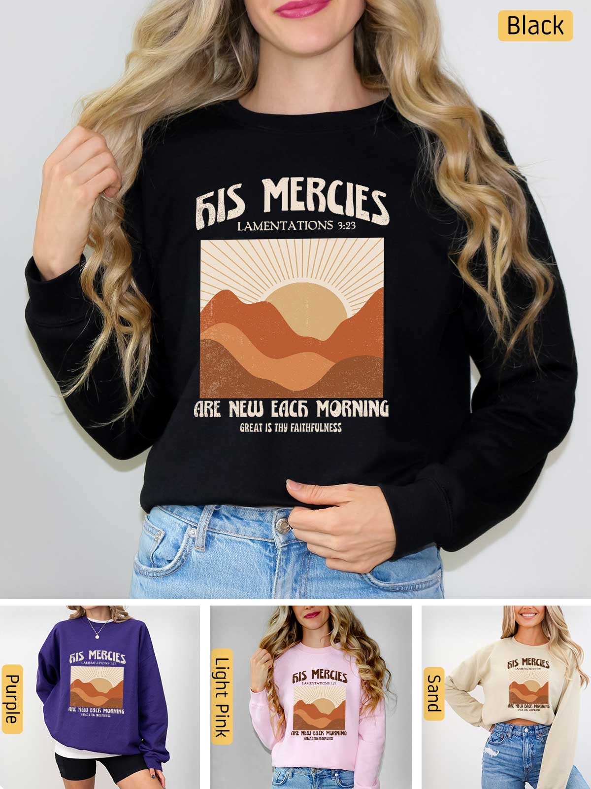 a woman wearing a black sweatshirt with a mountain scene on it