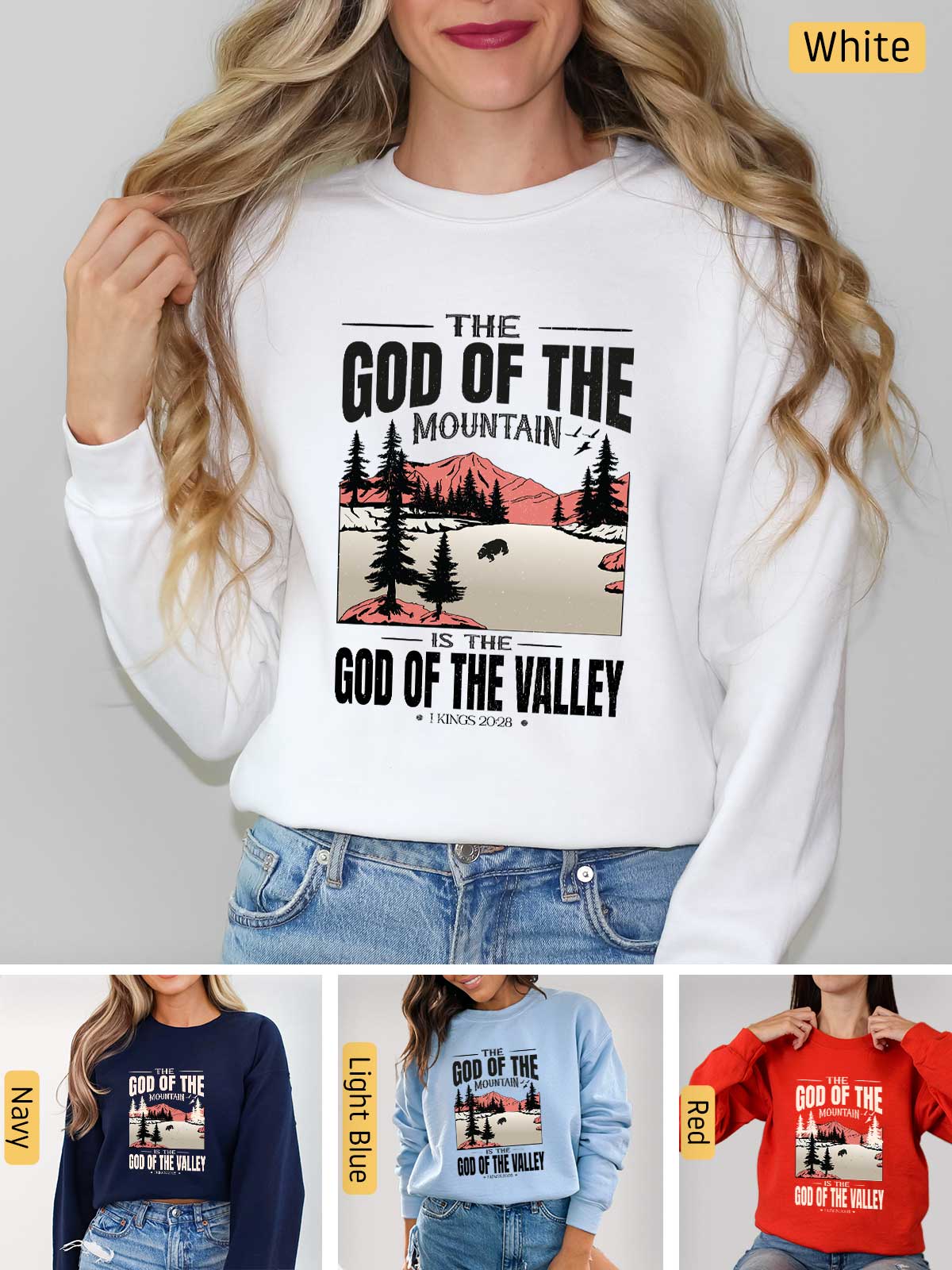 a woman wearing a sweatshirt with the words god of the mountain on it