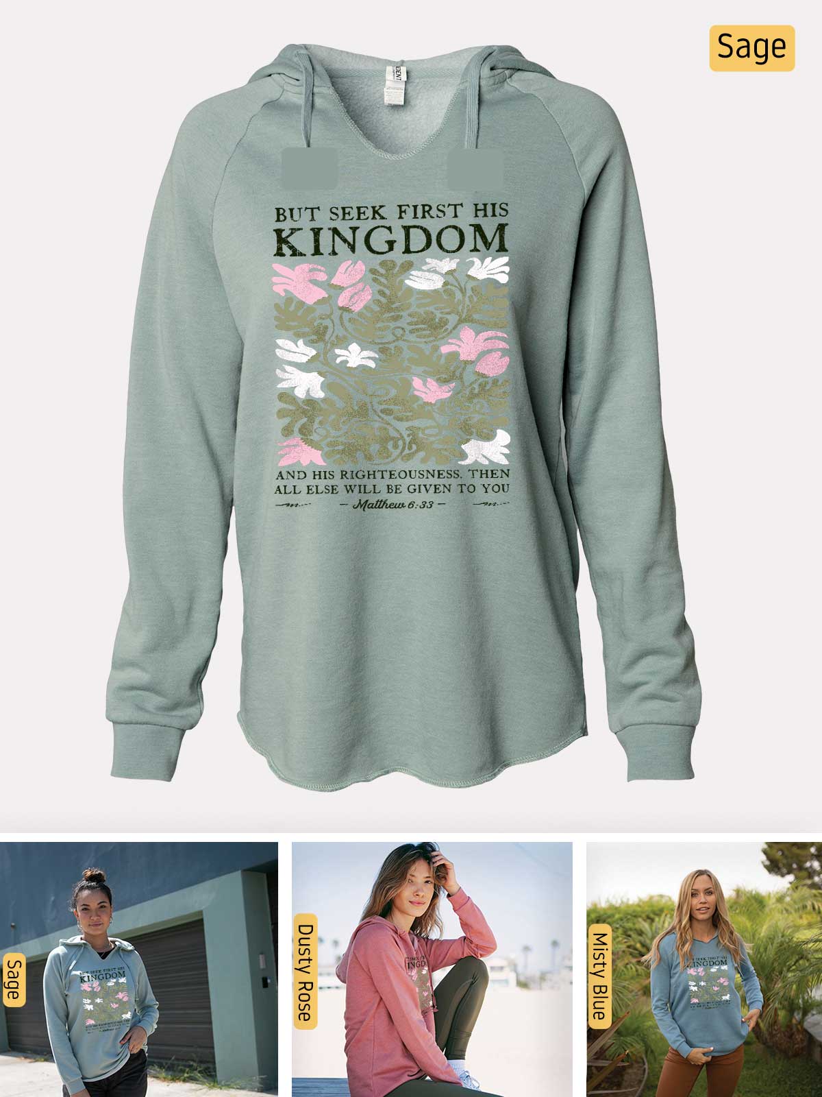 a women's sweatshirt with a picture of a woman sitting on a bench