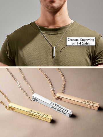 4-Sided Bar Necklace with Custom Engravings – Personalized Men's Gift for Names, Quotes, & Special Dates