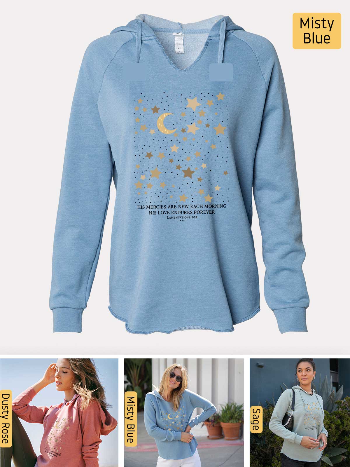 a woman wearing a blue hoodie with stars and moon on it