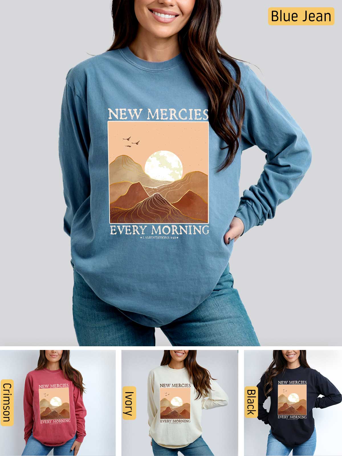 a woman wearing a new mercies every morning sweatshirt