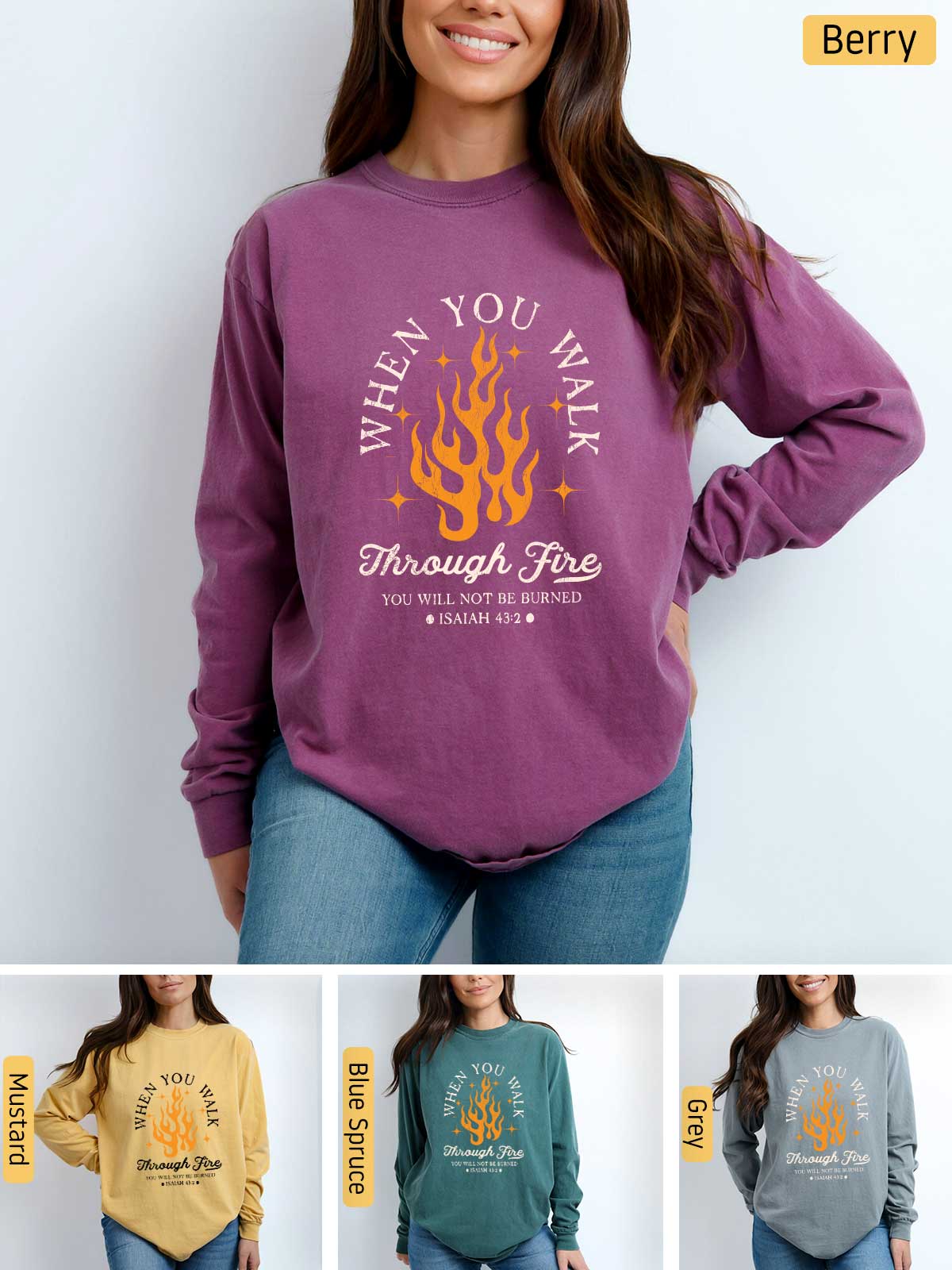 a woman wearing a sweatshirt that says, when you walk through fire, you will