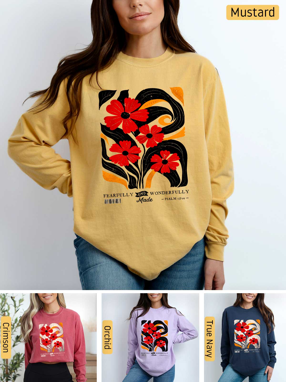 a woman wearing a sweatshirt with a flower design on it