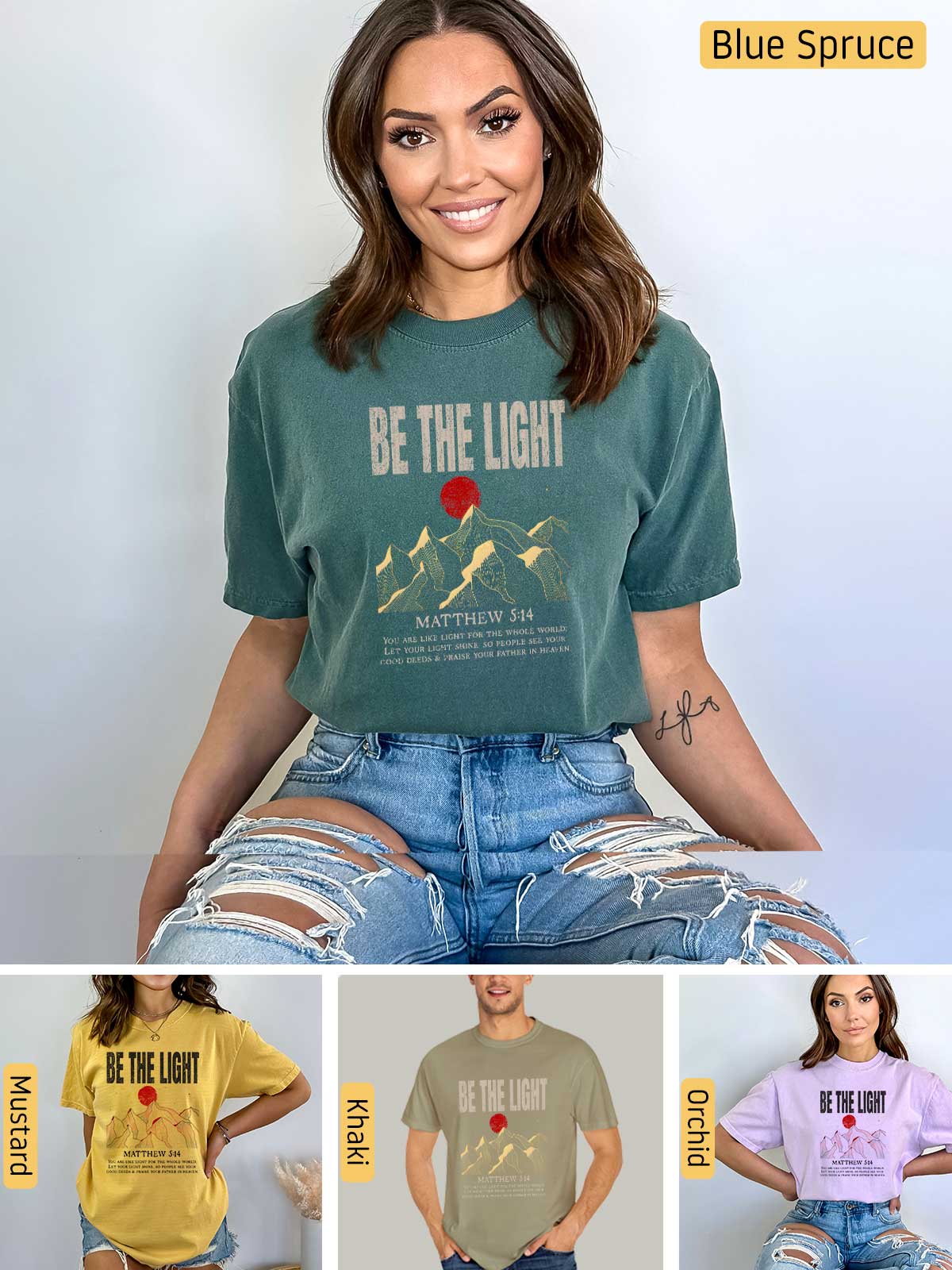 a woman wearing a t - shirt that says be the light