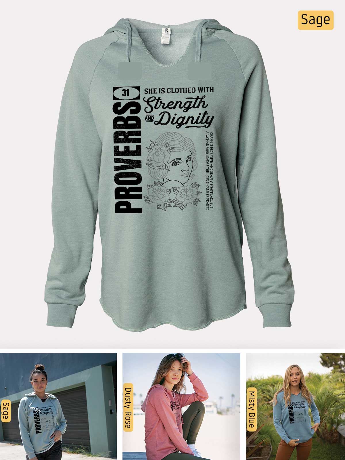 a women's sweatshirt with a picture of a woman sitting on a bench