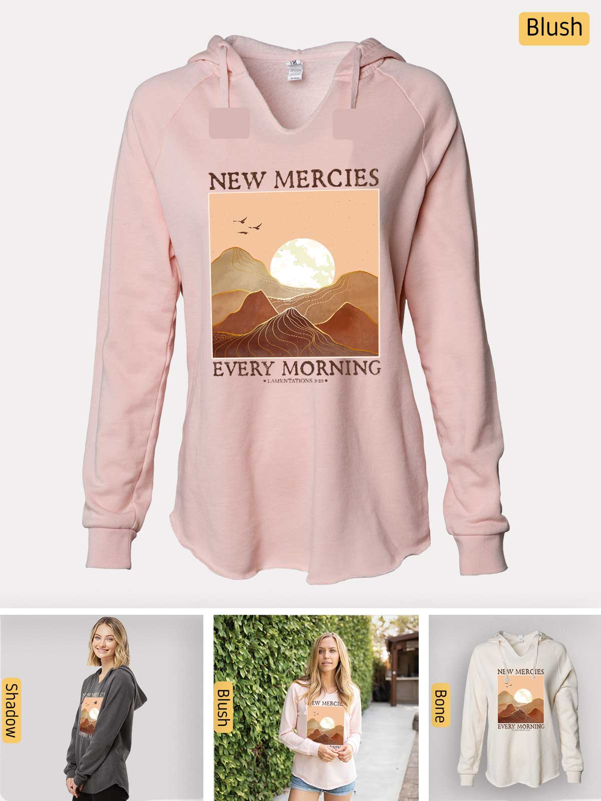 a pink sweatshirt with a picture of a woman wearing a new merches every morning