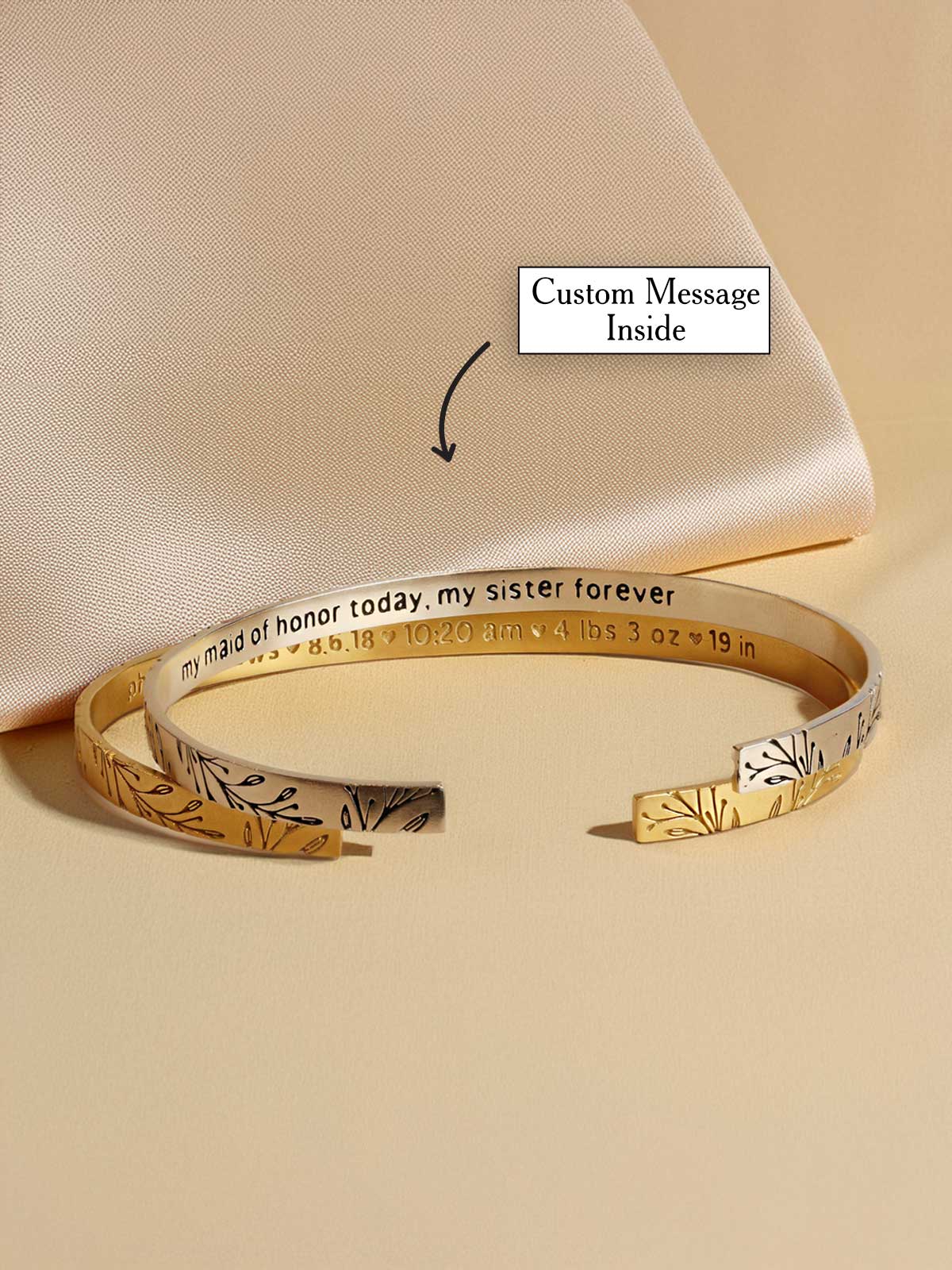 a cuff bracelet with a message written on it