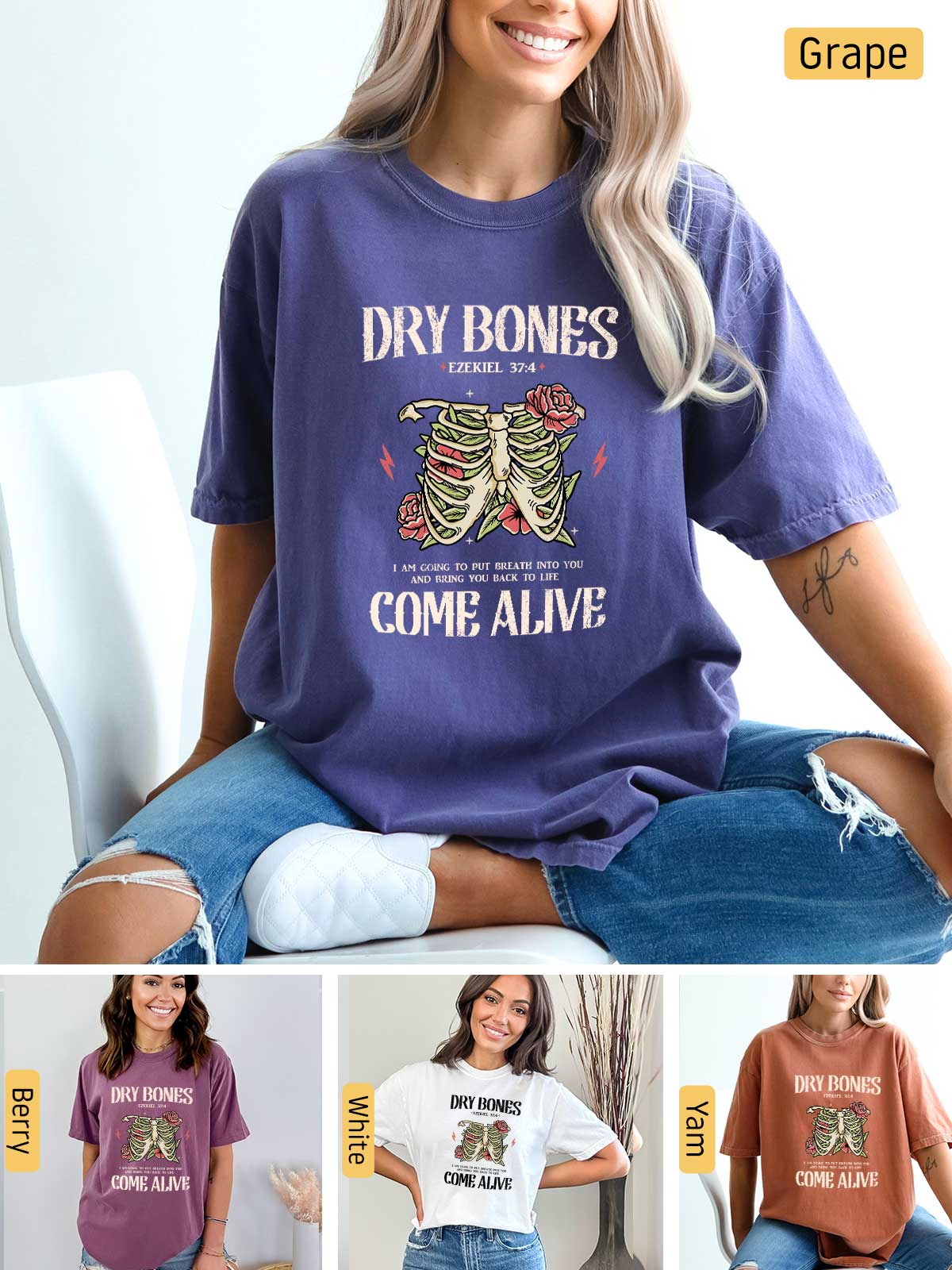 a woman sitting on a chair wearing a t - shirt that says dry bones come