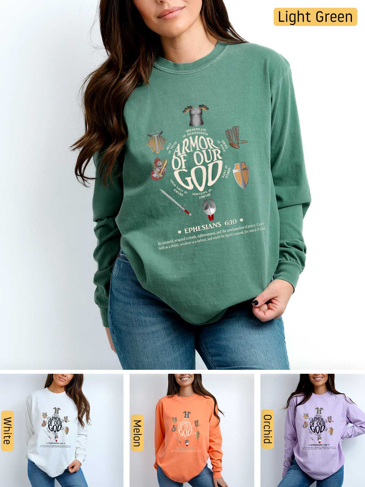 a woman wearing a green sweatshirt with a picture of a woman wearing a green sweatshirt